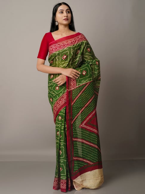 Unnati Silks Green & Red Cotton Chequered Saree With Unstitched Blouse Price in India