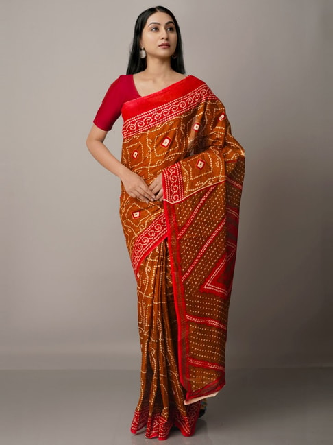 Unnati Silks Brown & red Cotton Chequered Saree With Unstitched Blouse Price in India