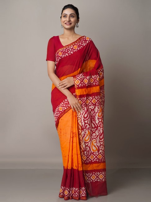 Unnati Silks Red & Yellow Silk Cotton Paisley Print Saree With Unstitched Blouse Price in India
