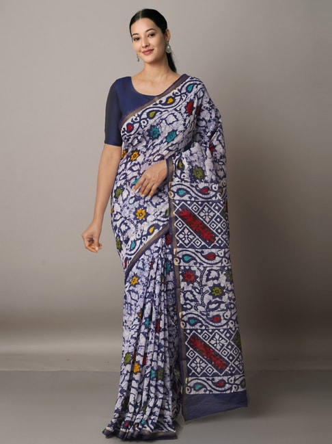 Unnati Silks Navy Silk Cotton Floral Print Saree With Unstitched Blouse Price in India