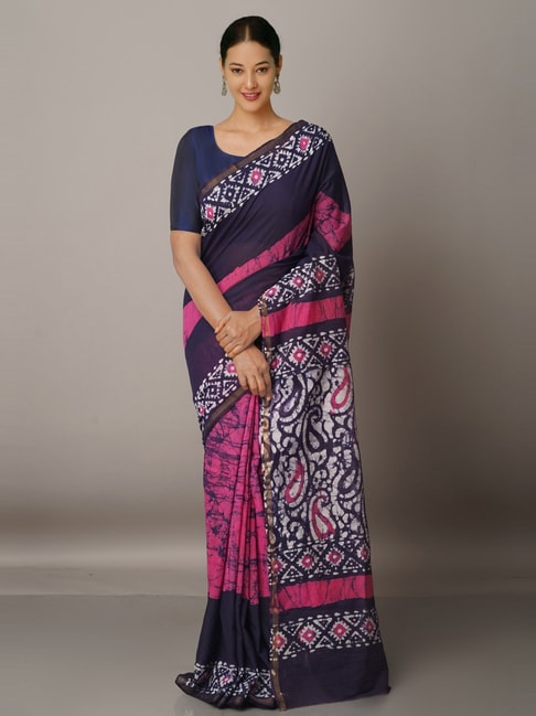 Unnati Silks Navy Silk Cotton Paisley Print Saree With Unstitched Blouse Price in India