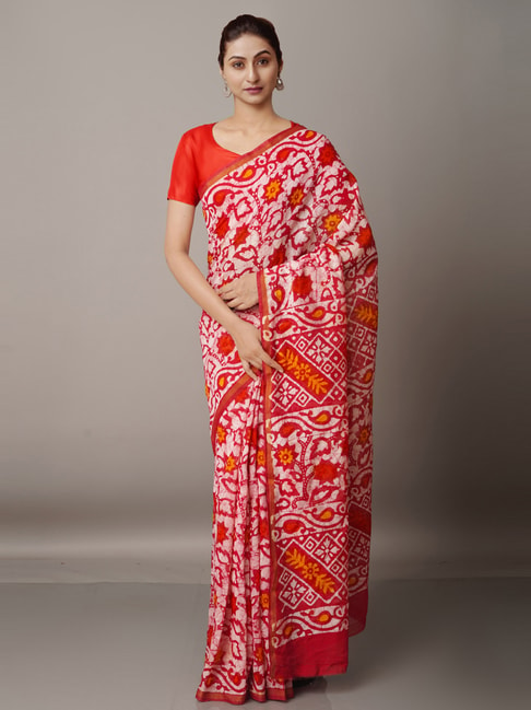 Unnati Silks Red Silk Cotton Floral Print Saree With Unstitched Blouse Price in India