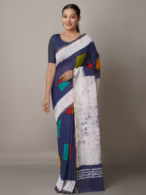 Unnati Silks Navy & White Silk Cotton Printed Saree With Unstitched Blouse Price in India