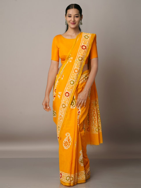 Unnati Silks Yellow Silk Cotton Printed Saree With Unstitched Blouse Price in India