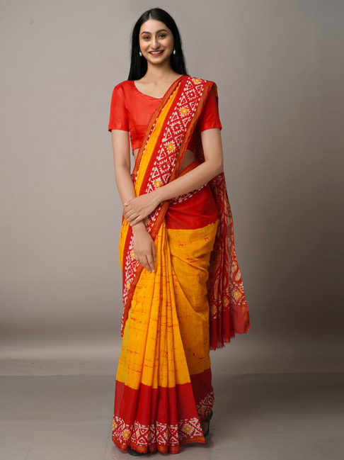 Unnati Silks Orange & Yellow Silk Cotton Paisley Print Saree With Unstitched Blouse Price in India