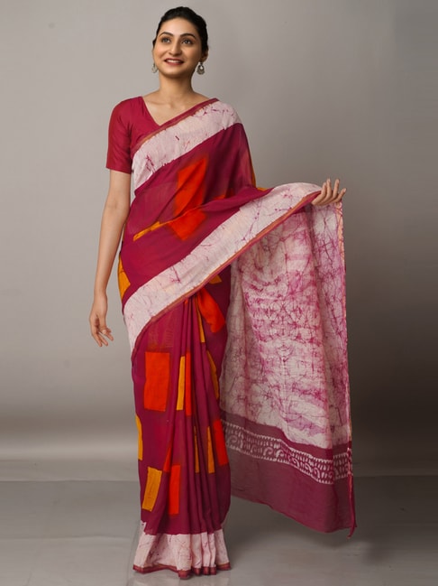 Unnati Silks Maroon Silk Cotton Printed Saree With Unstitched Blouse Price in India