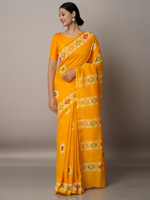 Unnati Silks Yellow Silk Cotton Printed Saree With Unstitched Blouse Price in India