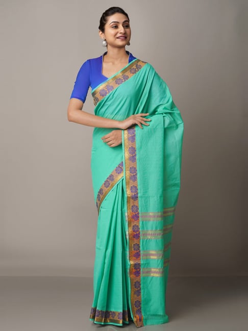 Unnati Silks Turquoise Cotton Woven Saree With Unstitched Blouse Price in India