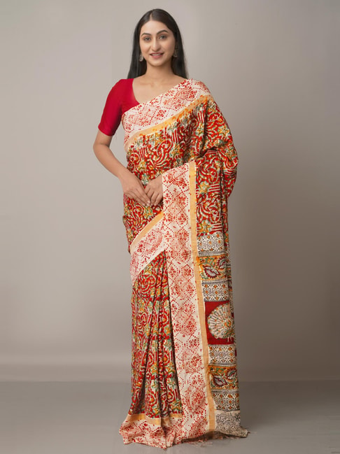 Unnati Silks Red Silk Floral Print Saree With Unstitched Blouse Price in India