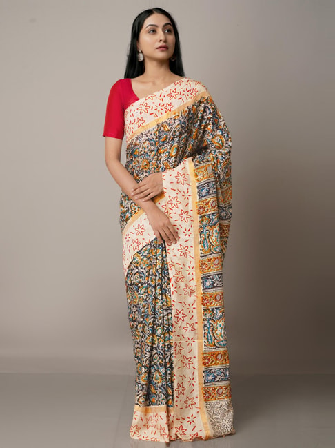 Unnati Silks Black & Beige Silk Printed Saree With Unstitched Blouse Price in India
