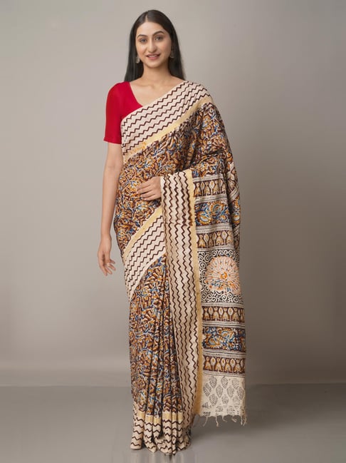 Unnati Silks Brown & Beige Silk Floral Print Saree With Unstitched Blouse Price in India