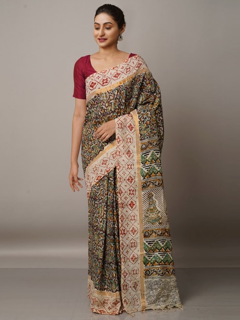 Unnati Silks Green & Beige Silk Floral Print Saree With Unstitched Blouse Price in India