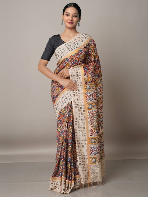 Unnati Silks Maroon & Beige Silk Floral Print Saree With Unstitched Blouse Price in India