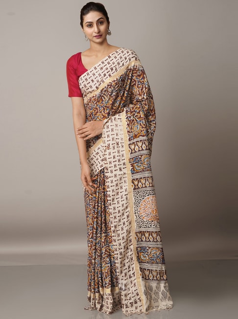 Unnati Silks Brown & Beige Silk Floral Print Saree With Unstitched Blouse Price in India