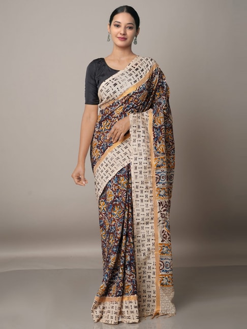Unnati Silks Brown & Beige Silk Printed Saree With Unstitched Blouse Price in India