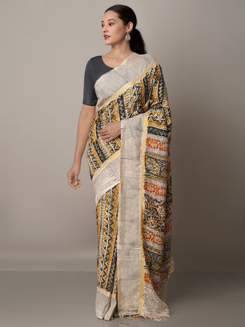 Unnati Silks Black & Beige Silk Printed Saree With Unstitched Blouse Price in India