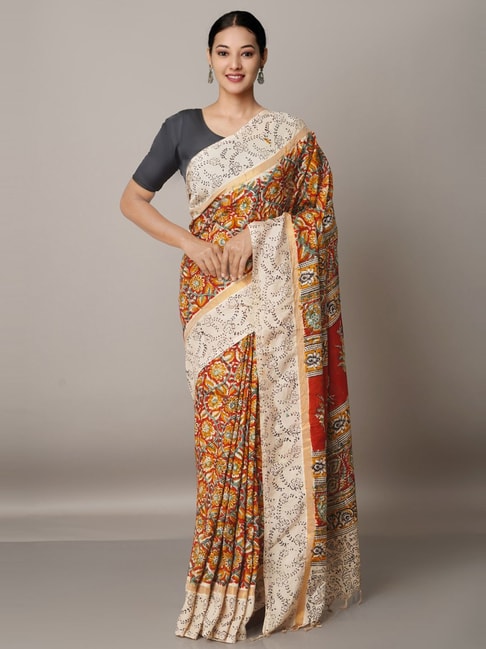 Unnati Silks Red & Beige Silk Floral Print Saree With Unstitched Blouse Price in India