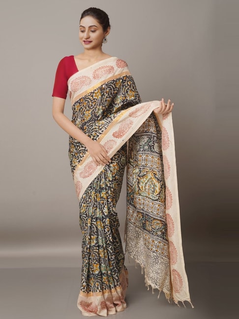 Unnati Silks Black & Beige Silk Floral Print Saree With Unstitched Blouse Price in India