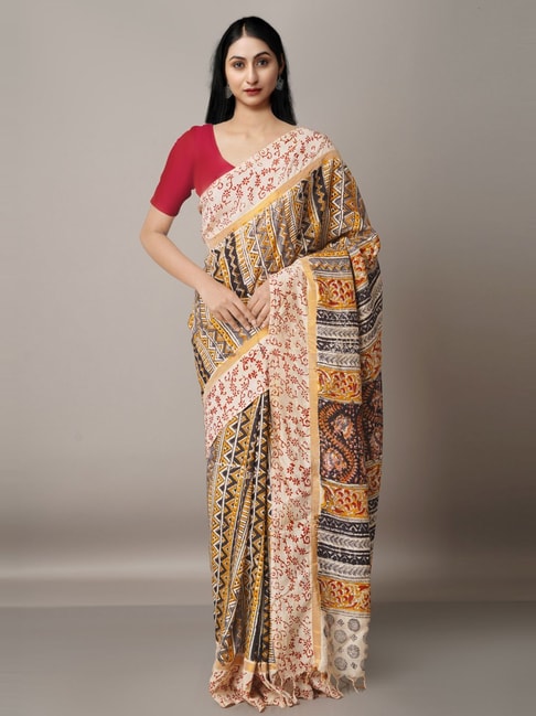 Unnati Silks Beige & Black Silk Printed Saree With Unstitched Blouse Price in India