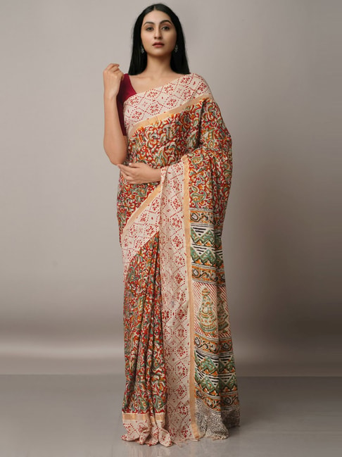 Unnati Silks Beige & Red Silk Floral Print Saree With Unstitched Blouse Price in India