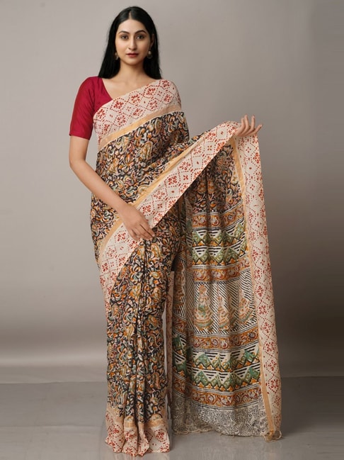 Unnati Silks Beige & Black Silk Floral Print Saree With Unstitched Blouse Price in India