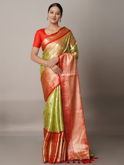 Unnati Silks Green Woven Saree With Unstitched Blouse Price in India