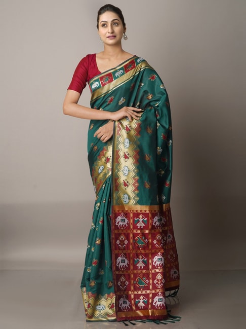 Unnati Silks Green Silk Woven Saree With Unstitched Blouse Price in India