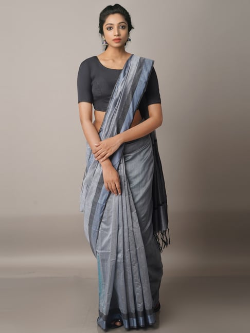 Unnati Silks Grey Silk Cotton Saree With Unstitched Blouse Price in India