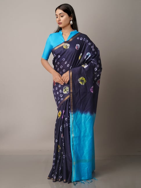 Unnati Silks Navy Silk Cotton Printed Saree With Unstitched Blouse Price in India