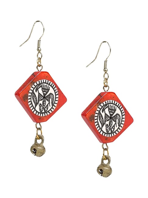 Buy ExclusiveLane Tribal Warli Squares Red & White Dangler Earrings ...