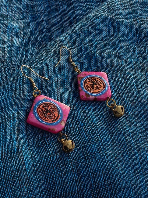 ExclusiveLane 'Tribal Warli Squares' Punch Pink & Orange Resin Brass Earrings in Warli Art