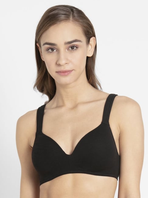 Jockey Fe57 Black Wirefree Padded Full Coverage Lounge Bra With Broad  Fabric Strap And Bra Pouch