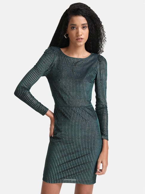 Kazo Green Velvet Striped Bodycon Dress Price in India