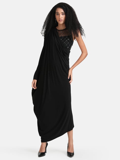 Buy Black Viscose Embroidery Collared Neck Maxi Dress For Women by Emblaze  Online at Aza Fashions.
