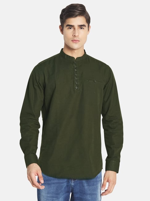 Buy METTLE Dark Olive Regular Fit Mandarin Collar Short Kurta for