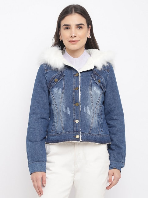 Jeans jacket with real Canadian Lynx Fur for women – Fur Caravan