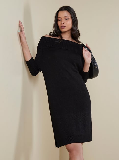 LOV by Westside Black Off-Shoulder Knitted Dress Price in India