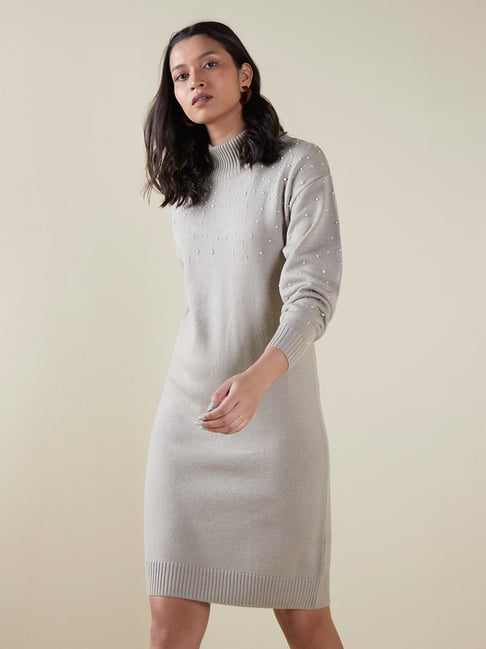 LOV by Westside Light Taupe Pearlescent Sweater Dress Price in India