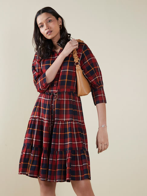 LOV by Westside Red Plaid Tiered Shirtdress Price in India
