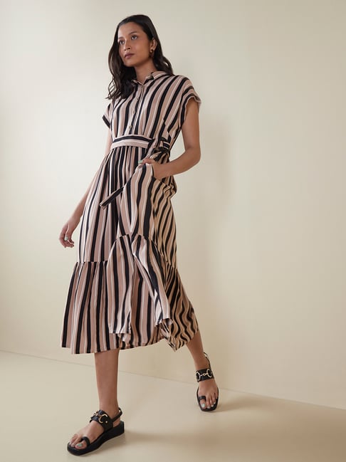 LOV by Westside Brown Striped Tiered Dress Price in India