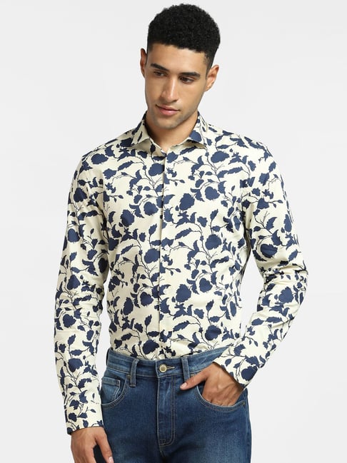 Jack & Jones Beige Cotton Slim Fit Floral Print Shirt