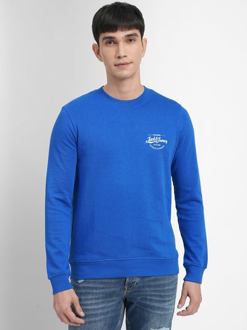 Jack & Jones Blue Cotton Slim Fit Printed Sweatshirt