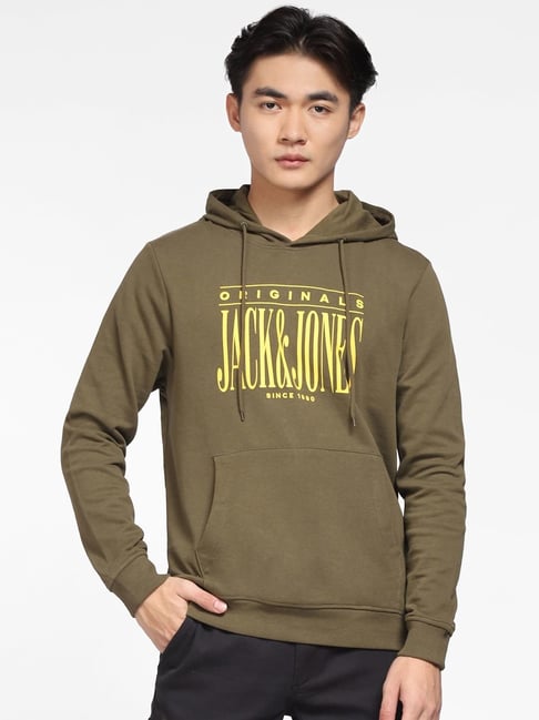 Jack & Jones Olive Regular Fit Printed Hooded Sweatshirt