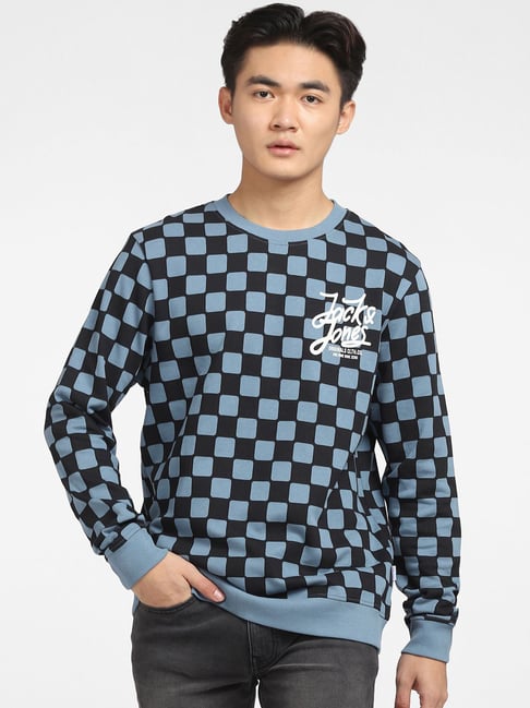 Jack & Jones Blue & Black Cotton Regular Fit Printed Sweatshirt
