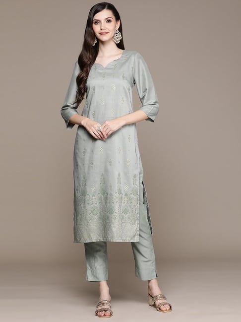 Ziyaa Grey Printed Kurta Pant Set