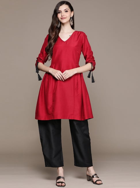 Buy MERZON Women's Straight 3/4 Sleeve Cotton Plain Red Kurti For  Women/Girl at Amazon.in