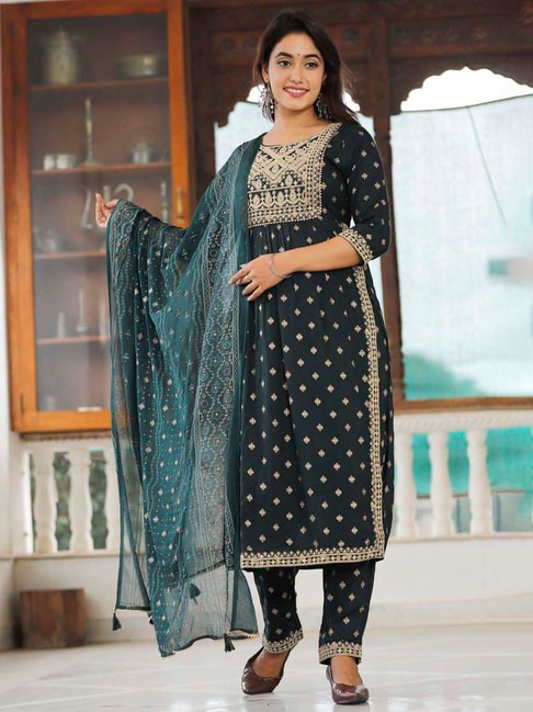 Juniper Bottle Green Embroidered Kurta Pant Set With Dupatta Price in India