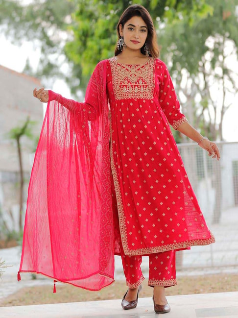 Juniper Red Embroidered Kurta Pant Set With Dupatta Price in India