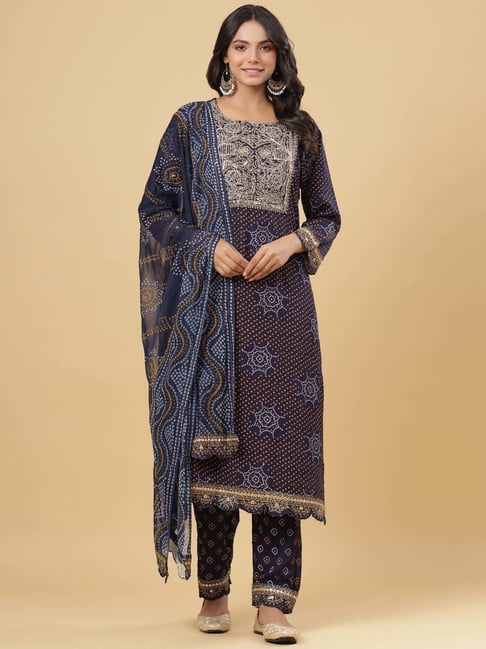 Juniper Navy Embellished Kurta Pant Set With Dupatta