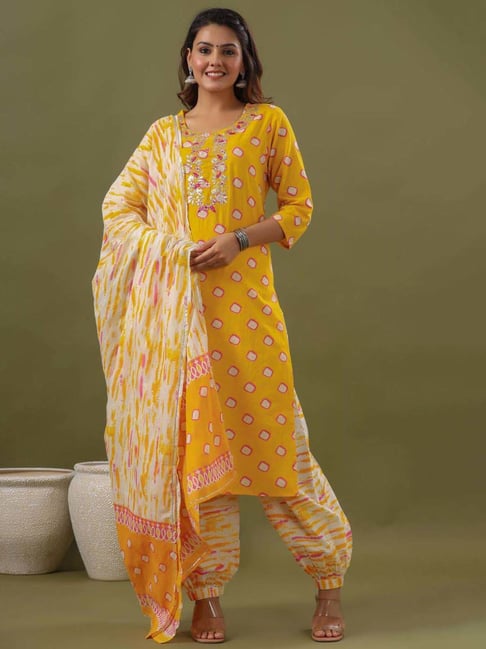 Juniper Yellow Cotton Embroidered Kurta Salwaar Set With Dupatta Price in India